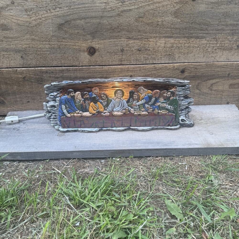 Vintage Last Supper Jesus Ceramic TV Lamp Faux Log Light Christian Religious